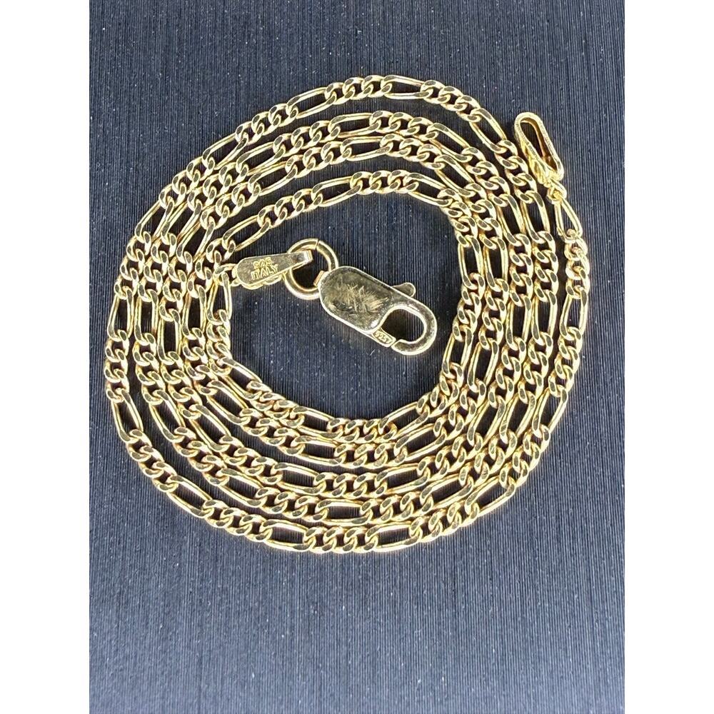 Gold Over Solid Italian 925 Sterling Silver Figaro Chain 16” Long 2mm Wide